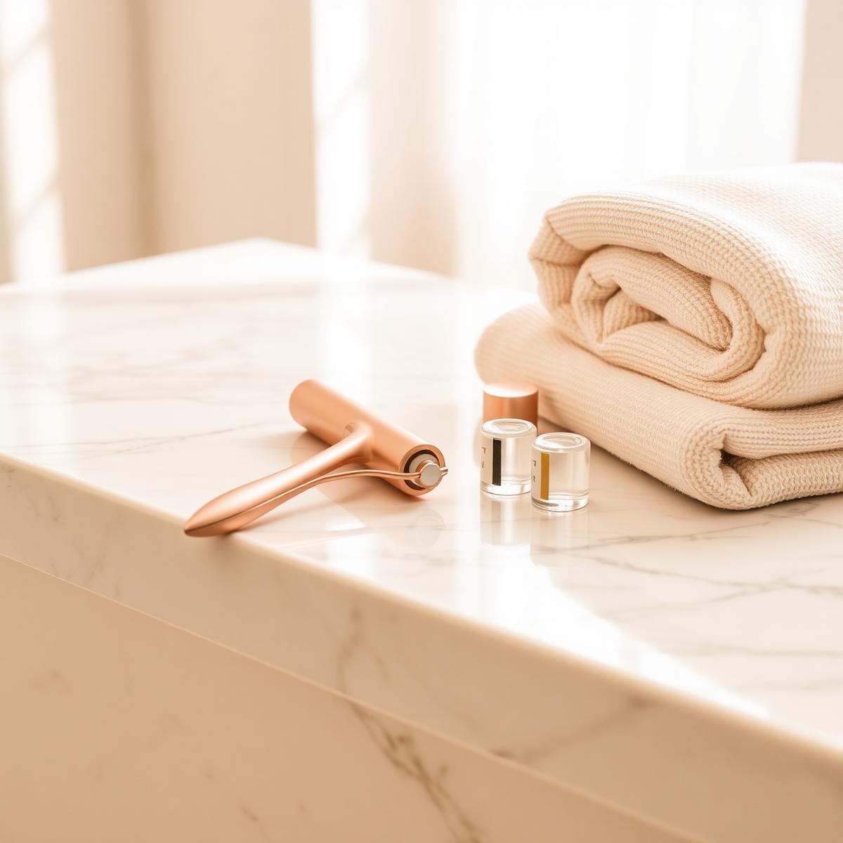 Dettaglio del set signature del centro Reverse Beauty — roller in oro rosato e siero