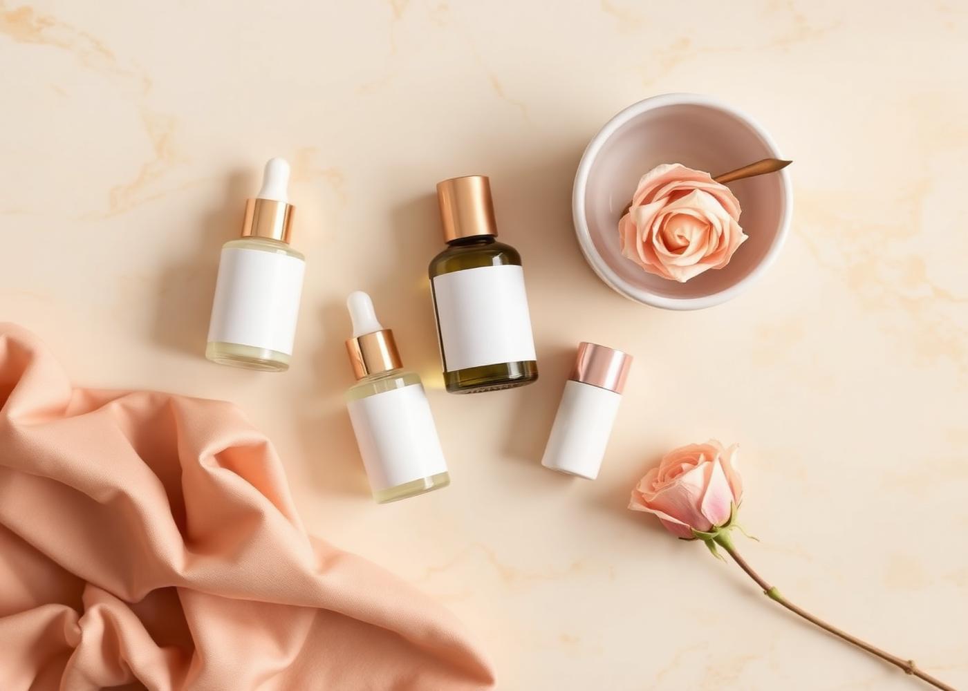 Flatlay editoriale di prodotti beauty su marmo caldo con accenti oro rosato